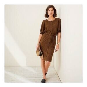 Garnet Hill Button Front Dress M Brown Black Dot Animal Elbow Smocked Sleeves